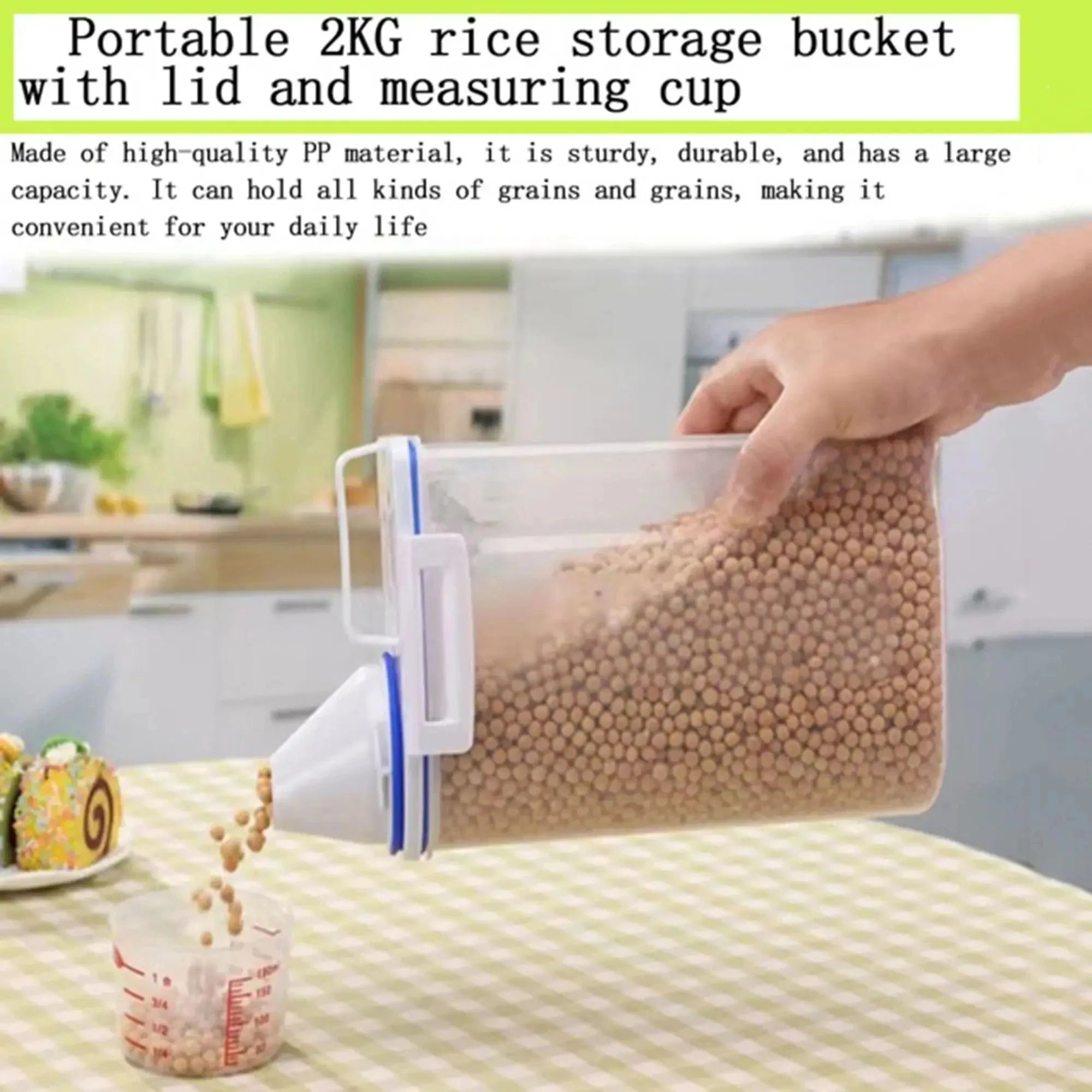 Person pouring dry kibble from a clear container into a measuring cup in a kitchen