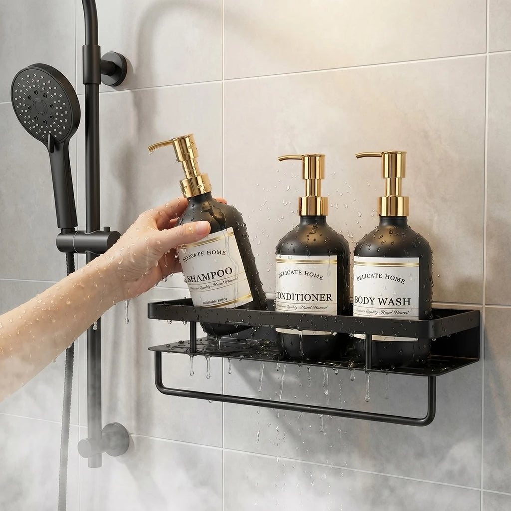 Matte Black Refillable Shower Dispenser Set of 3 with Gold Pumps – 500ml Bathroom Bottles for Shampoo, Conditioner & Body Wash