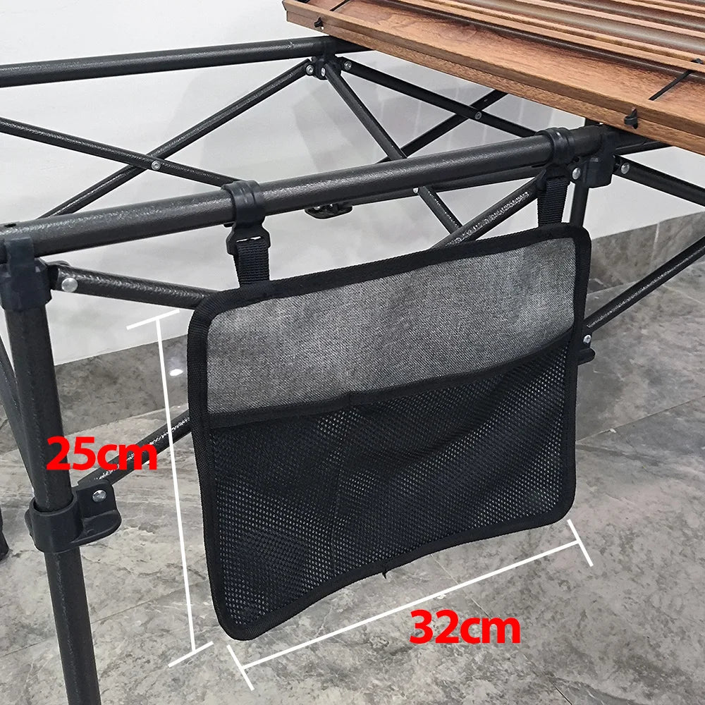 Close-up of hanging storage bag dimensions next to a table frame