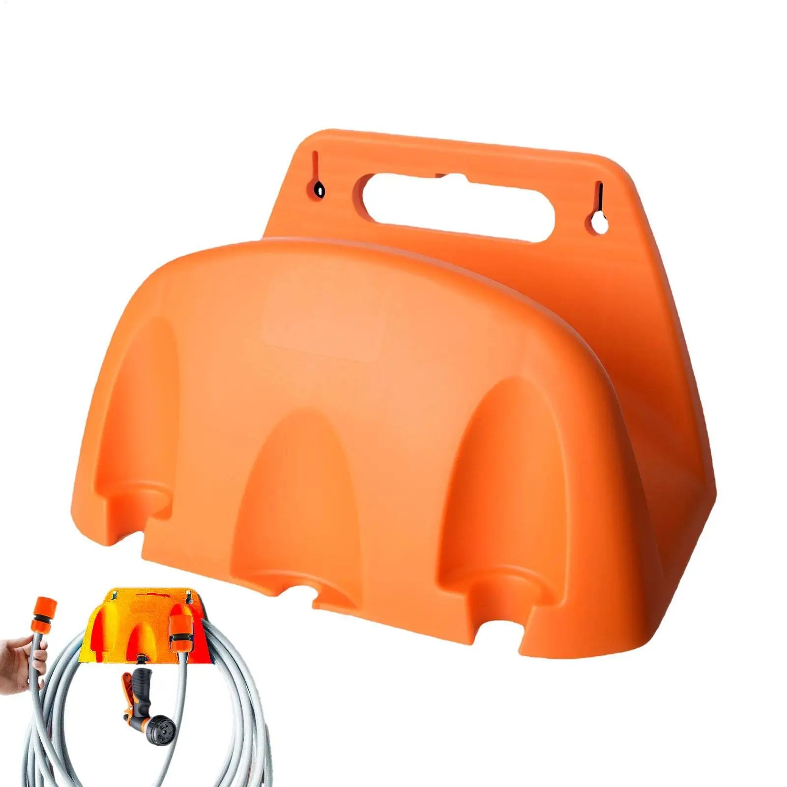 orange wall-mounted hose holder with handheld hose shown in use