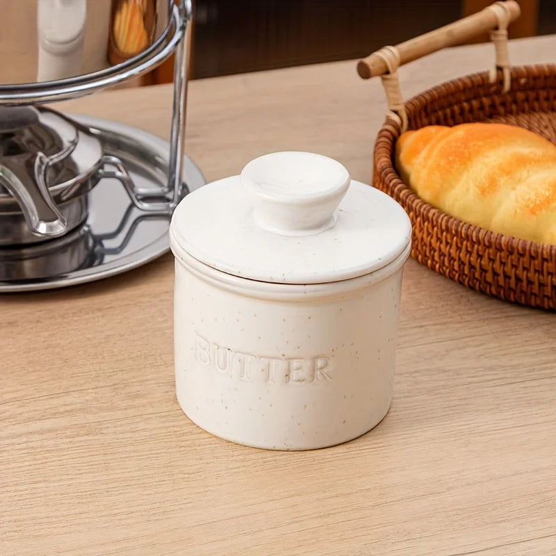 Speckled White Ceramic French Butter Crock with Lid for Spreadable Countertop Butter