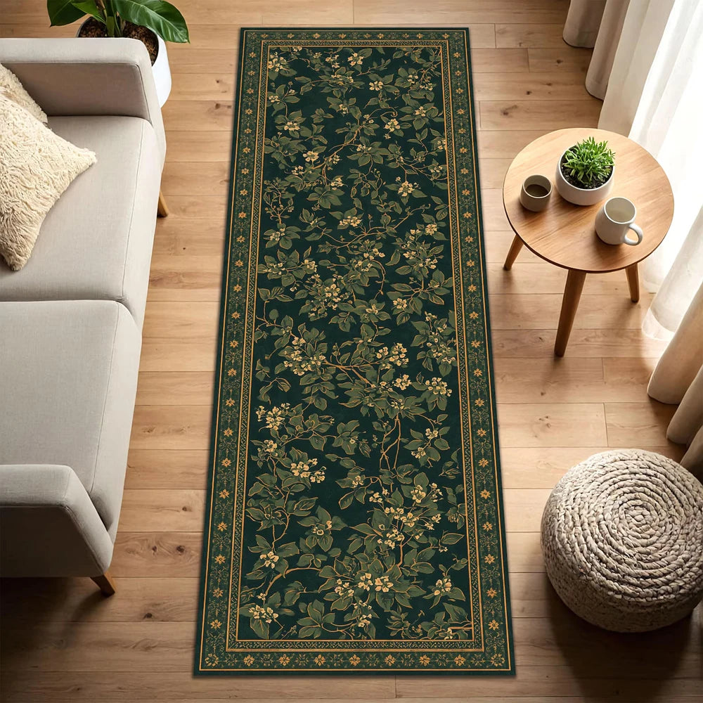 Dark green botanical print runner rug styled in a bright living room with wood floors