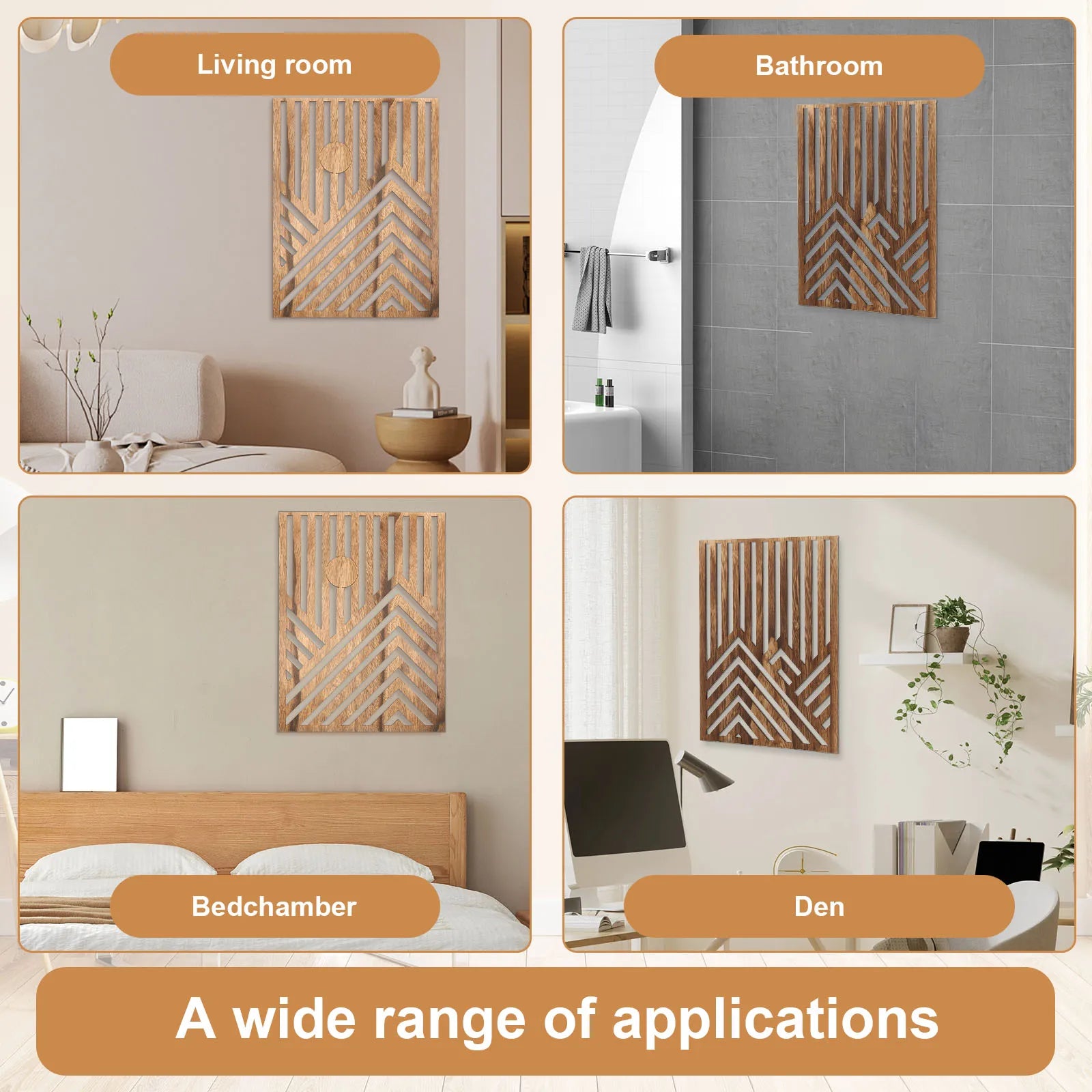 Wood wall panels shown in living room, bathroom, bedroom, and office settings
