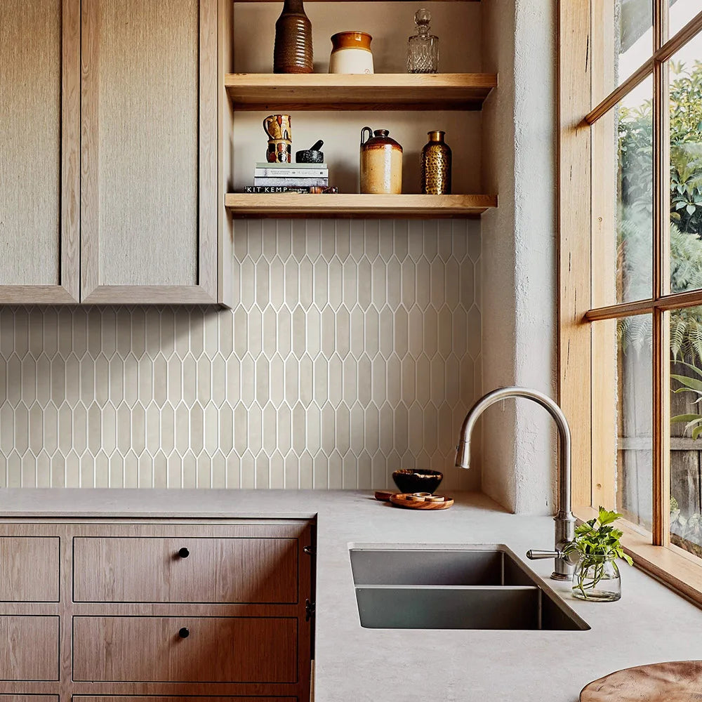 modern kitchen backsplash with beige 3D geometric wall panels installed