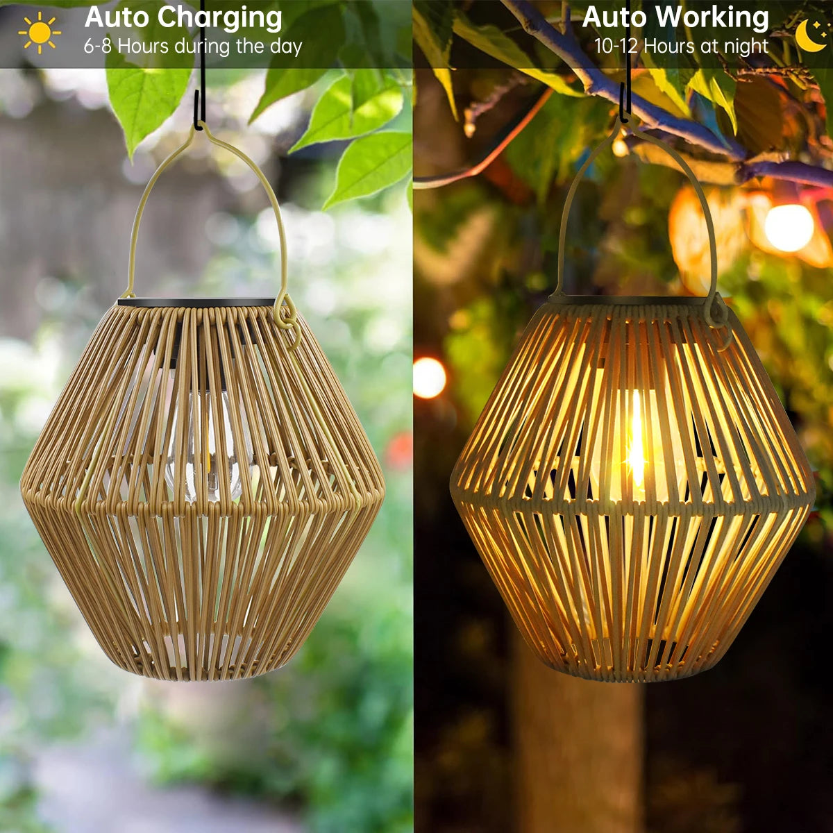 Comparison of solar rattan lantern charging in daytime and glowing at night, hexagon shape shown hanging from a tree