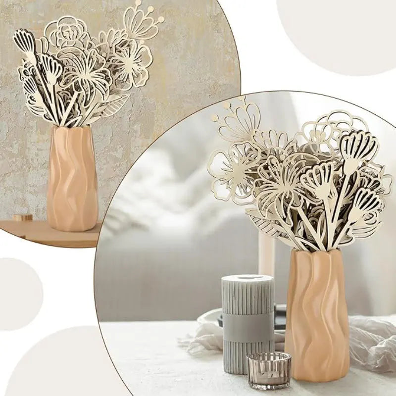 Wooden wildflower cutouts arranged in a decorative vase on tabletop and against a wall