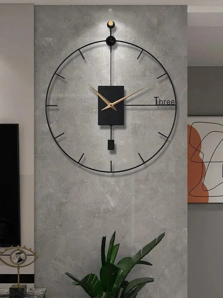 Close-up of wall clock on stone-texture wall with plant nearby
