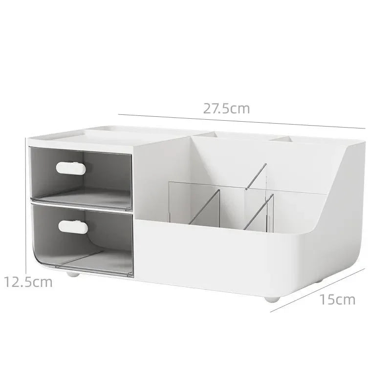 Desk Organizer Storage Box with Drawers for Office, Study, or Vanity – White & Beige