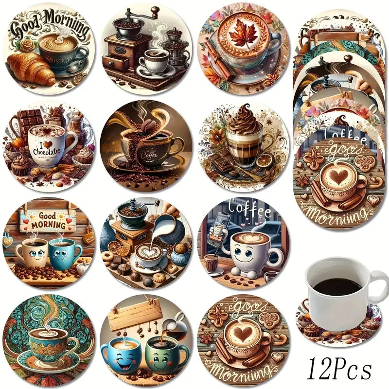 Twelve round wooden coasters with coffee and breakfast-themed illustrations arranged with a cup placed on one