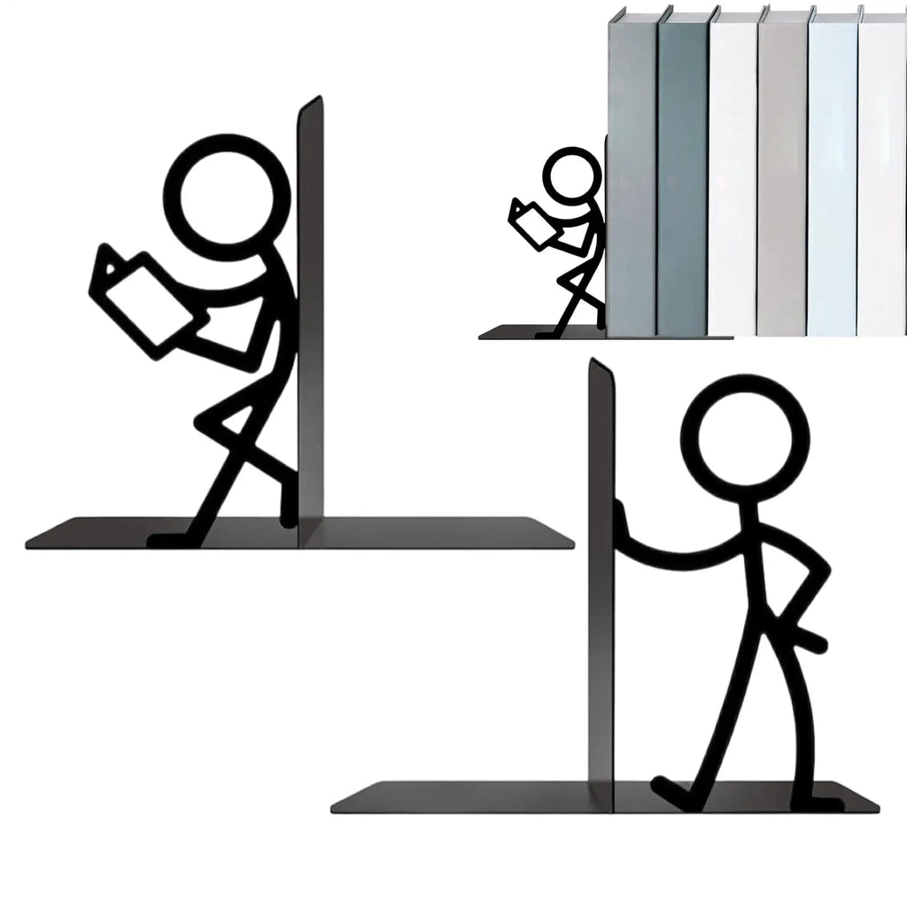 Pair of black abstract stick figure bookends holding books on a white background