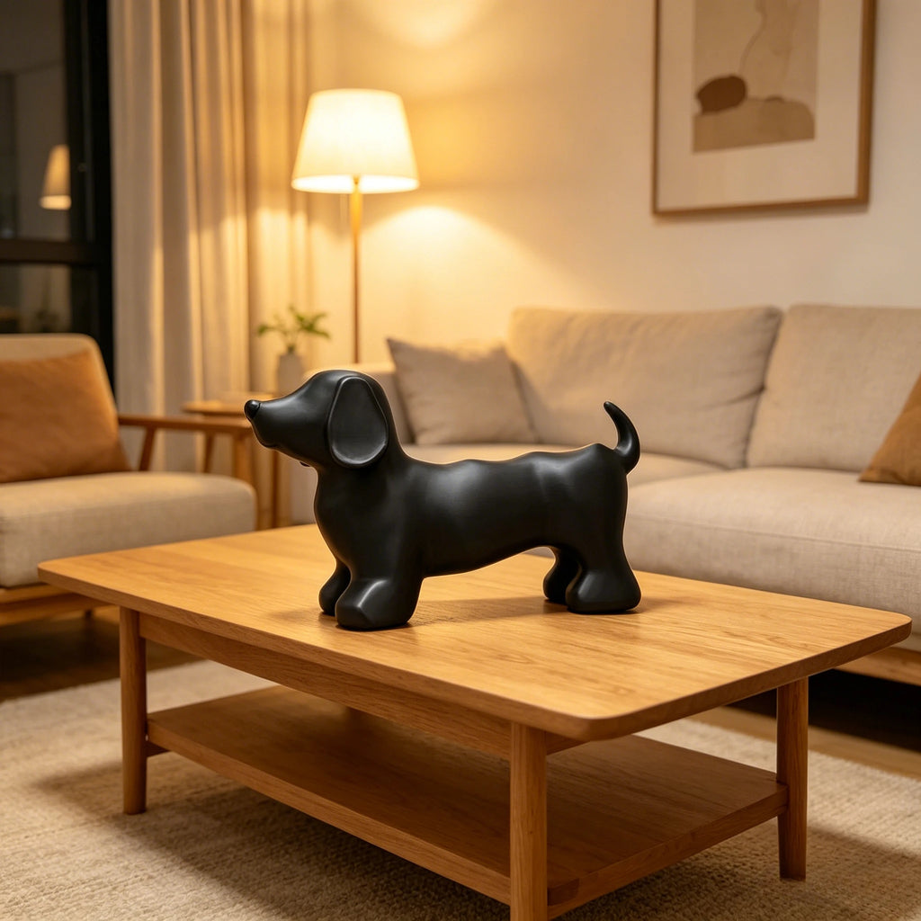 Black dachshund toothbrush holder used as tabletop decor in a cozy living room setting
