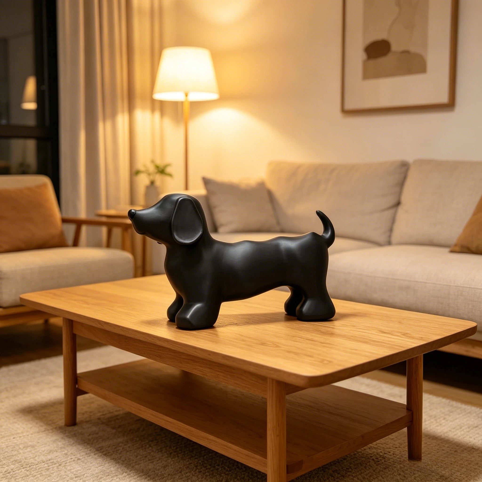Black dachshund toothbrush holder used as tabletop decor in a cozy living room setting