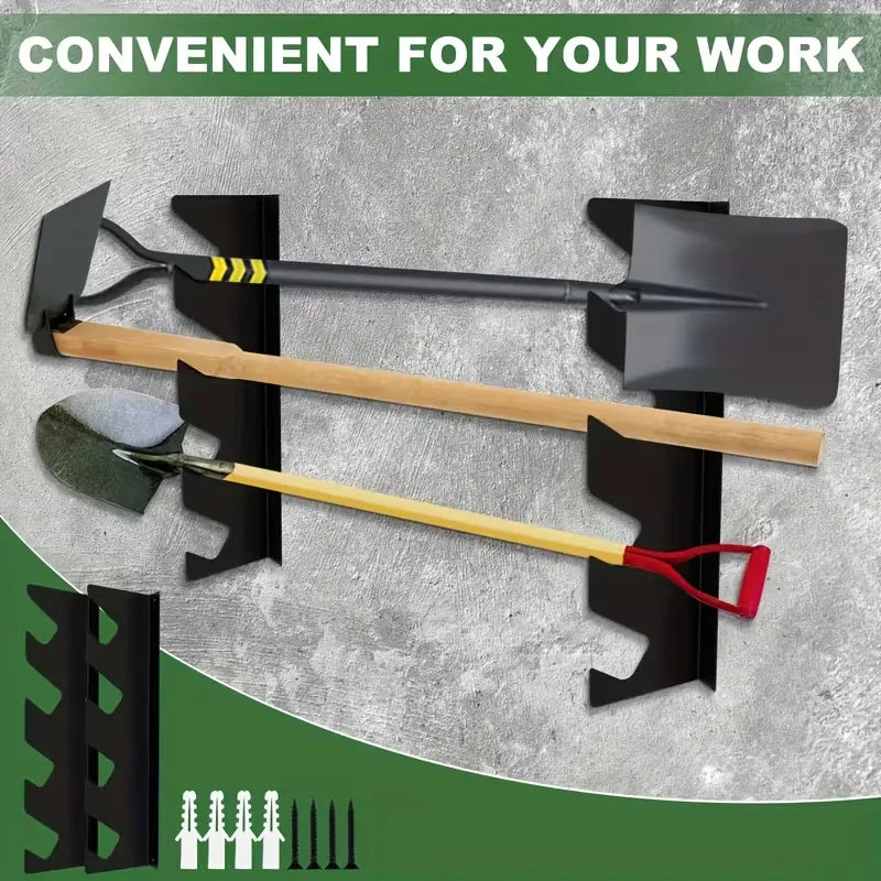 Metal tool rack mounted on a wall holding garden tools with installation hardware shown below