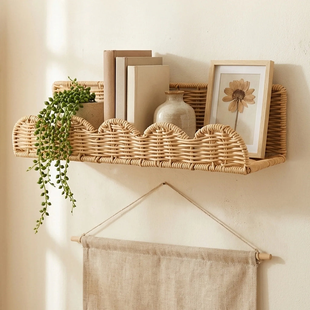 Fan-shaped woven wall shelf displaying books, pottery, a picture frame, and a trailing plant in a living room or bedroom