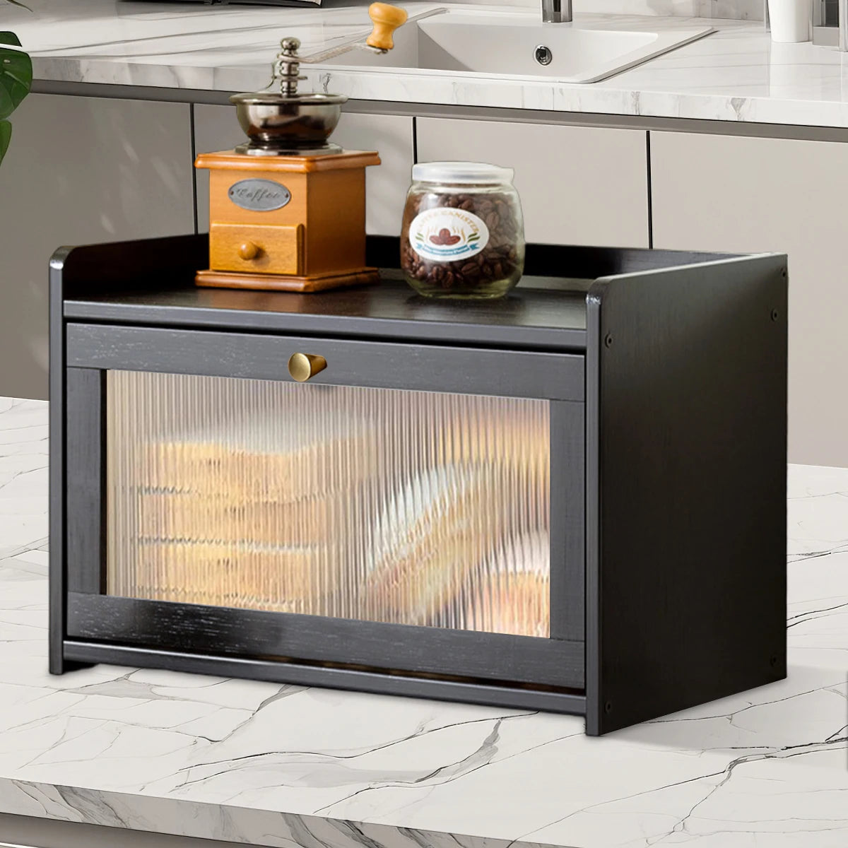 Black bamboo bread box with acrylic door and top shelf for kitchen counter