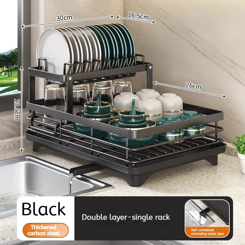 Adjustable 2-Tier Carbon Steel Dish Drying Rack with Drainboard for Kitchen Counter Organization