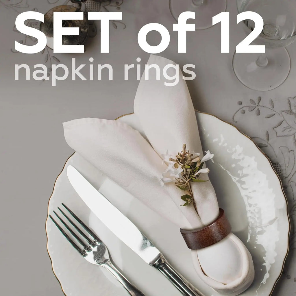 Set of 12 wood napkin rings shown on an elegant table setting
