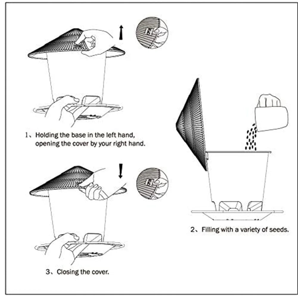 Step-by-step illustrated guide for opening, filling, and closing the plastic hanging bird feeder