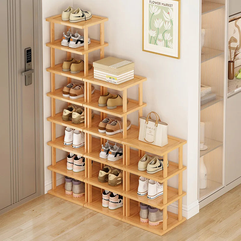 slim multi-tier bamboo shoe rack organizing shoes in entryway