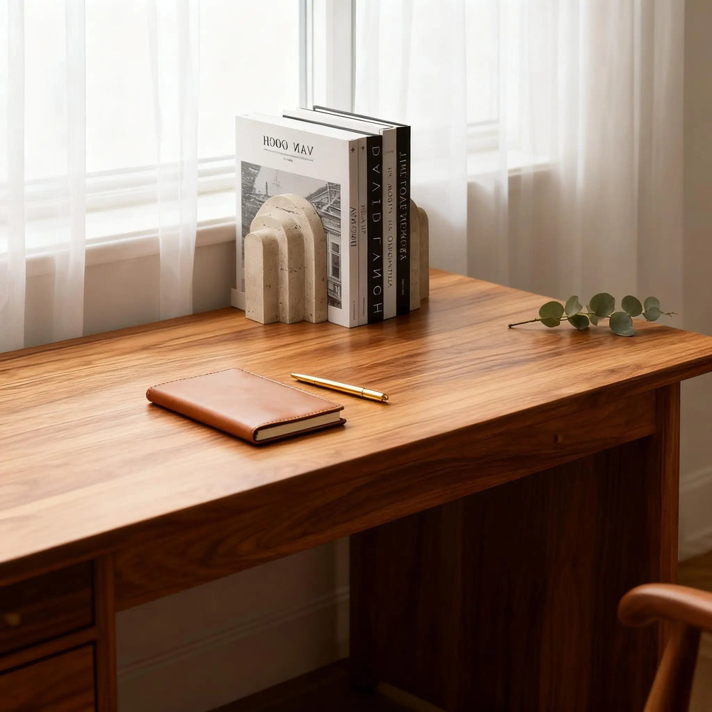 Single arch-shaped marble bookend organizing books on a wooden desk by the window
