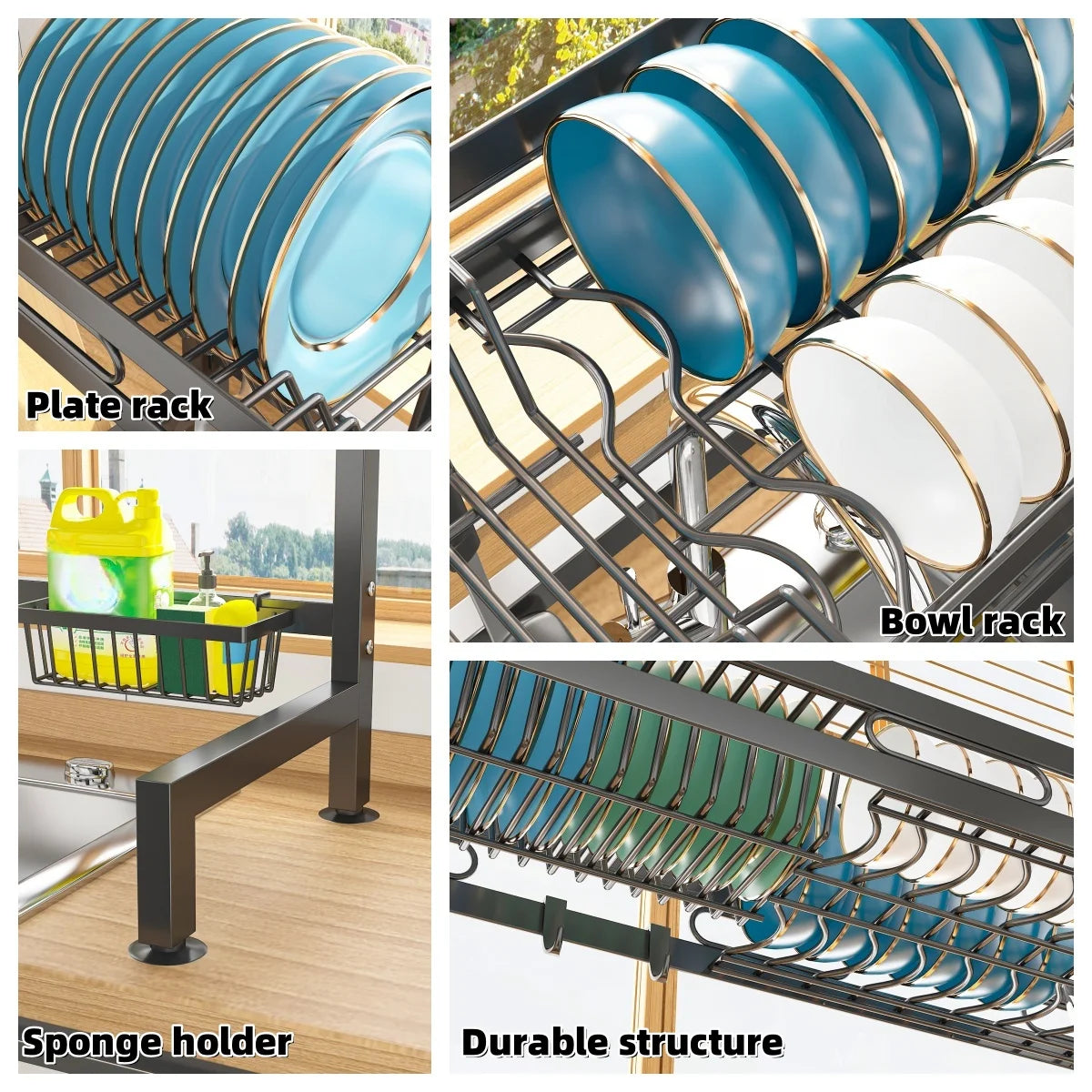 Four close-up views of over-sink dish rack features: plate rack, bowl rack, sponge holder, and sturdy metal frame.
