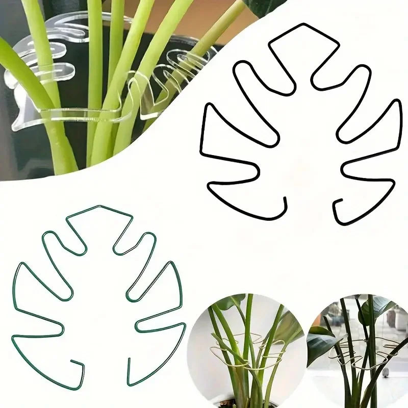 Green and gold monstera-leaf wire plant support rings shown with plant usage examples