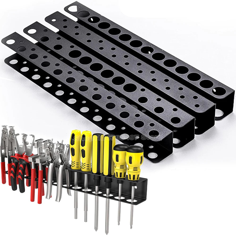 Four black metal tool racks with multiple circular holes and an example of the rack holding screwdrivers and pliers, designed for wall mounting in a garage or workshop.