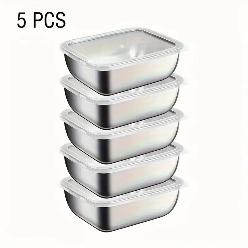 stack of five rectangular stainless steel containers with clear lids on a white background, labeled 5 PCS