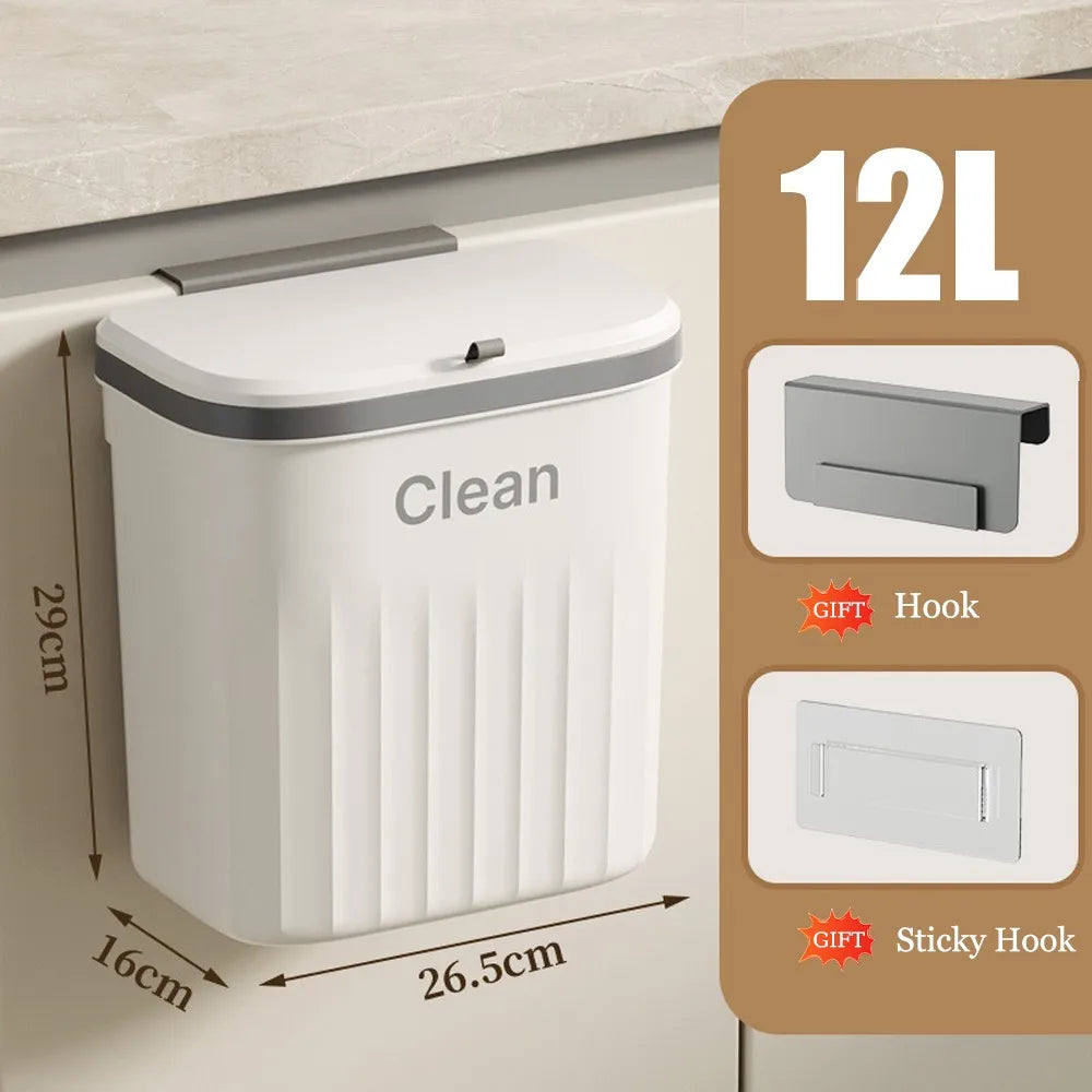 Hanging Kitchen Trash Can with Lid – 8.5L or 12L, Wall or Cabinet Mount