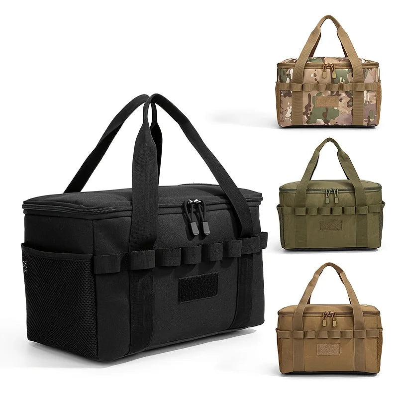 Set of four nylon organizer bags for camping and outdoor use in black, khaki, green, and camouflage colors