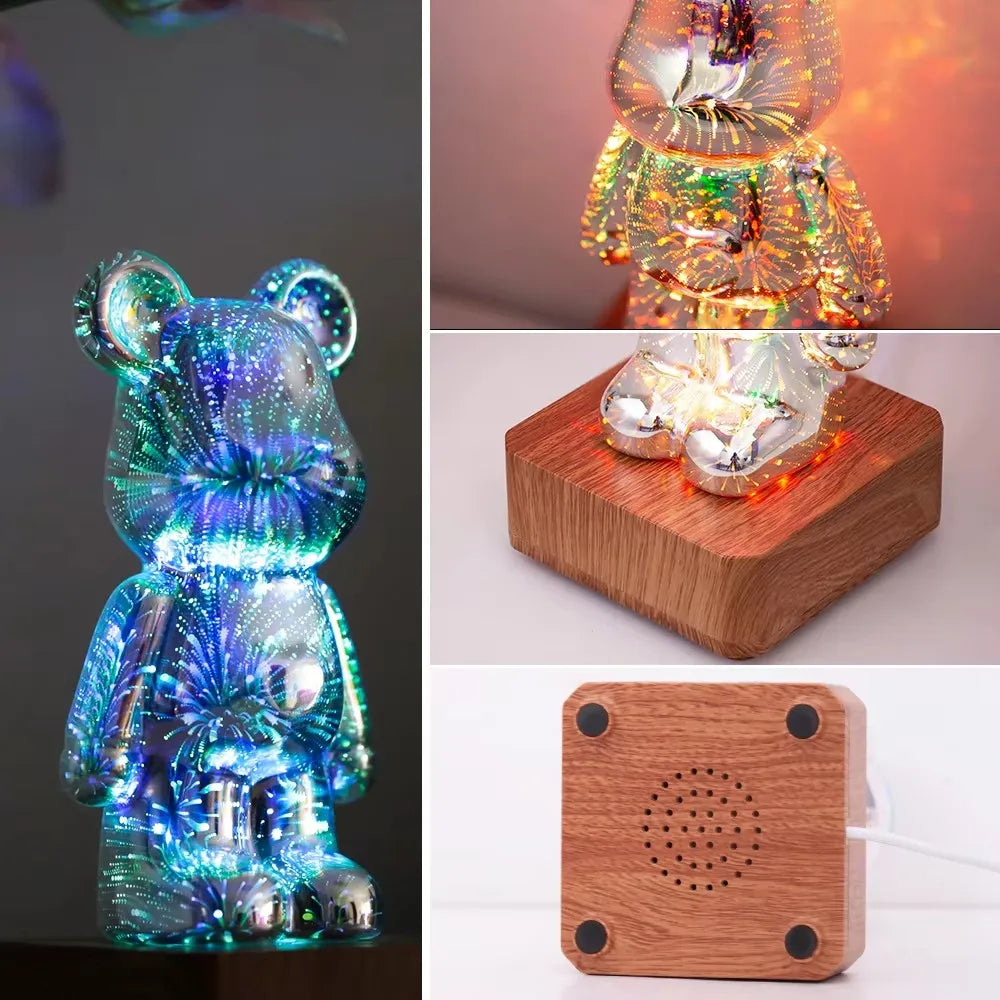 Detail of glowing glass bear night light on a wood-look base, close-up and underside view