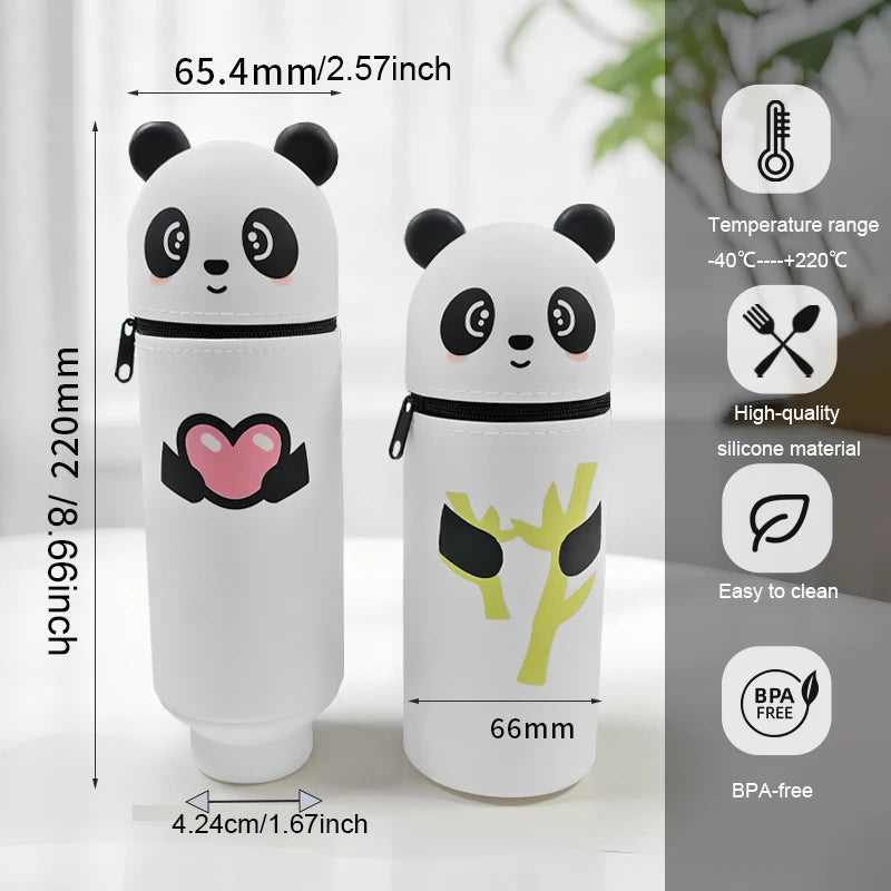 Two white panda animal silicone stand-up pencil cases with size dimensions labeled