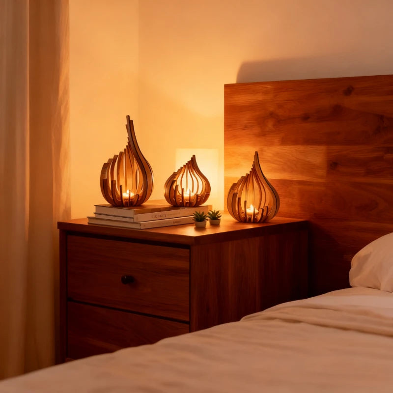 Wooden flame-shaped candle holders with tealights styled on a wooden bedroom nightstand beside a bed