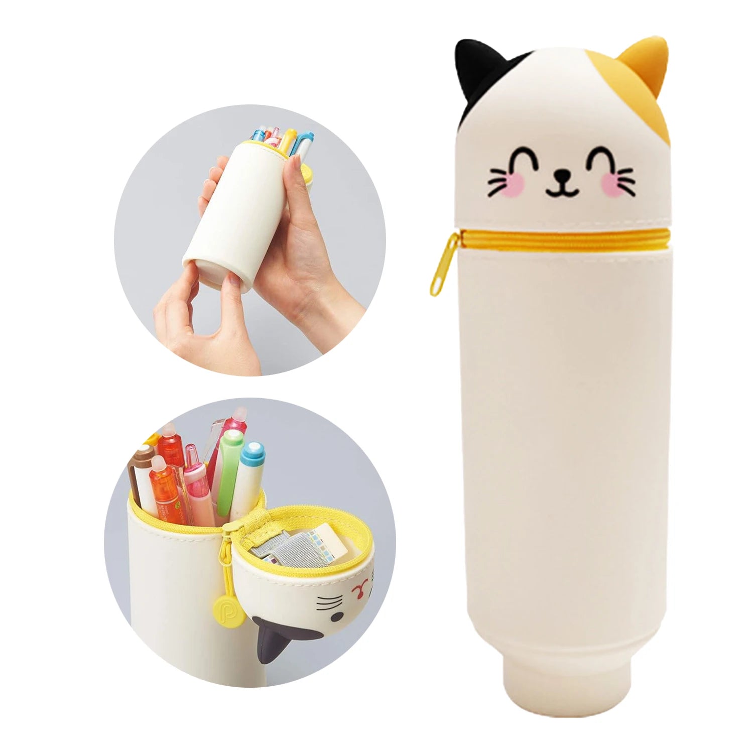 White and yellow cat animal silicone pencil case with inset showing hand pressing case into a standing pen holder