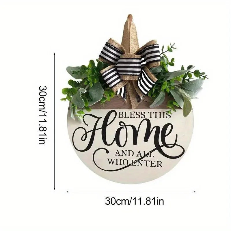 Welcome Flower Wreath Wooden Door Sign with Bow, Milky White