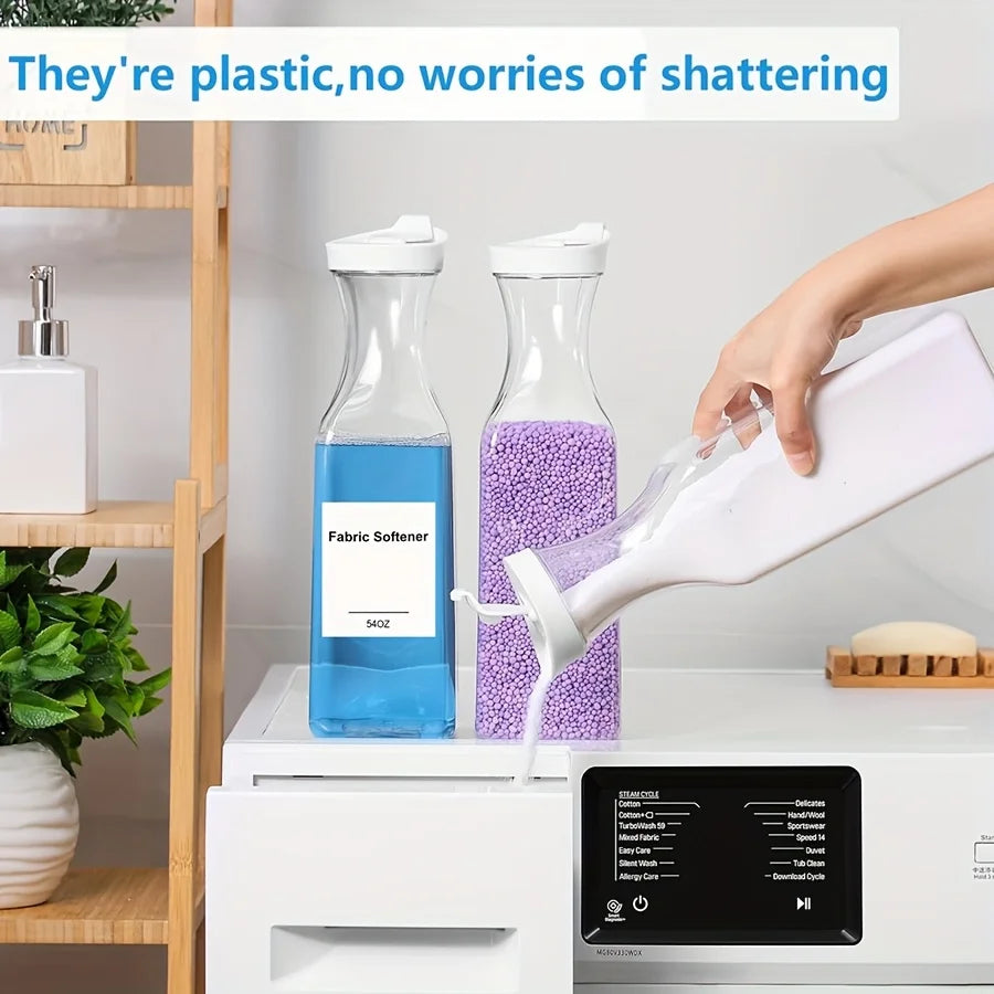 Person pouring liquid from a plastic laundry dispenser bottle into a washer, with two other bottles labeled for fabric softener and scent booster on a laundry shelf