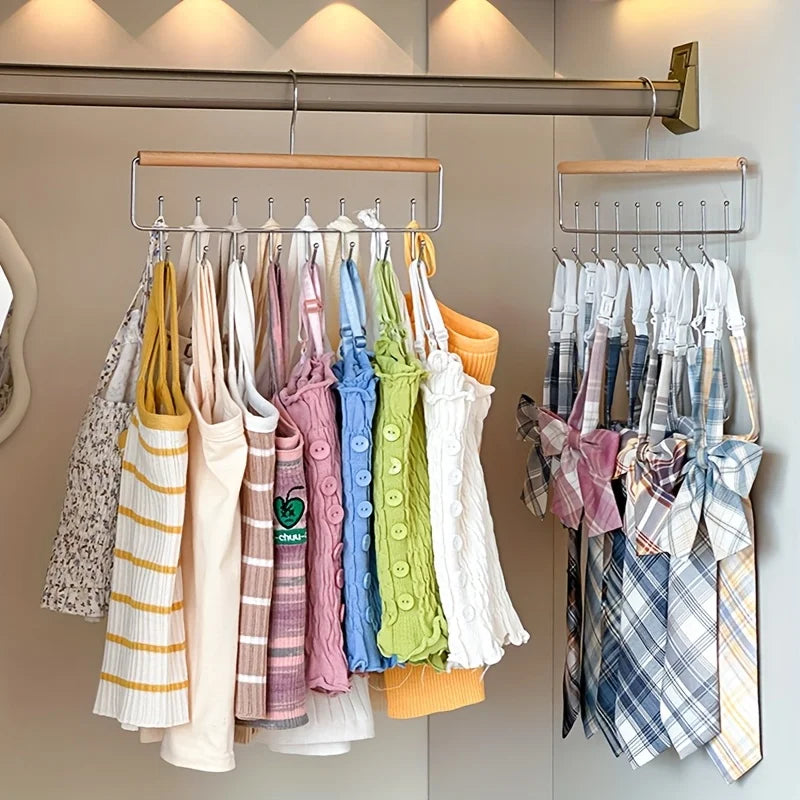 Hanging Wooden Hat & Accessory Organizer Rack with 8 Metal Hooks