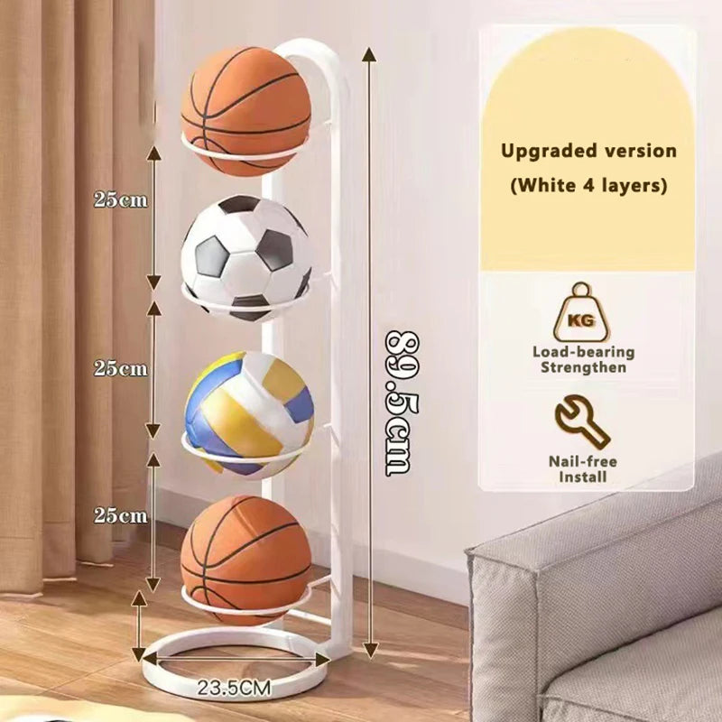 Freestanding Multi-Layer Ball Storage Rack for Basketball, Soccer & Volleyball – Black or White Carbon Steel Organizer for Bedroom