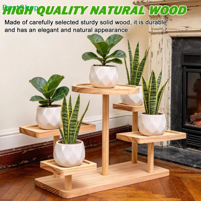 Wooden plant stand with five potted plants on display next to a fireplace in a cozy home space