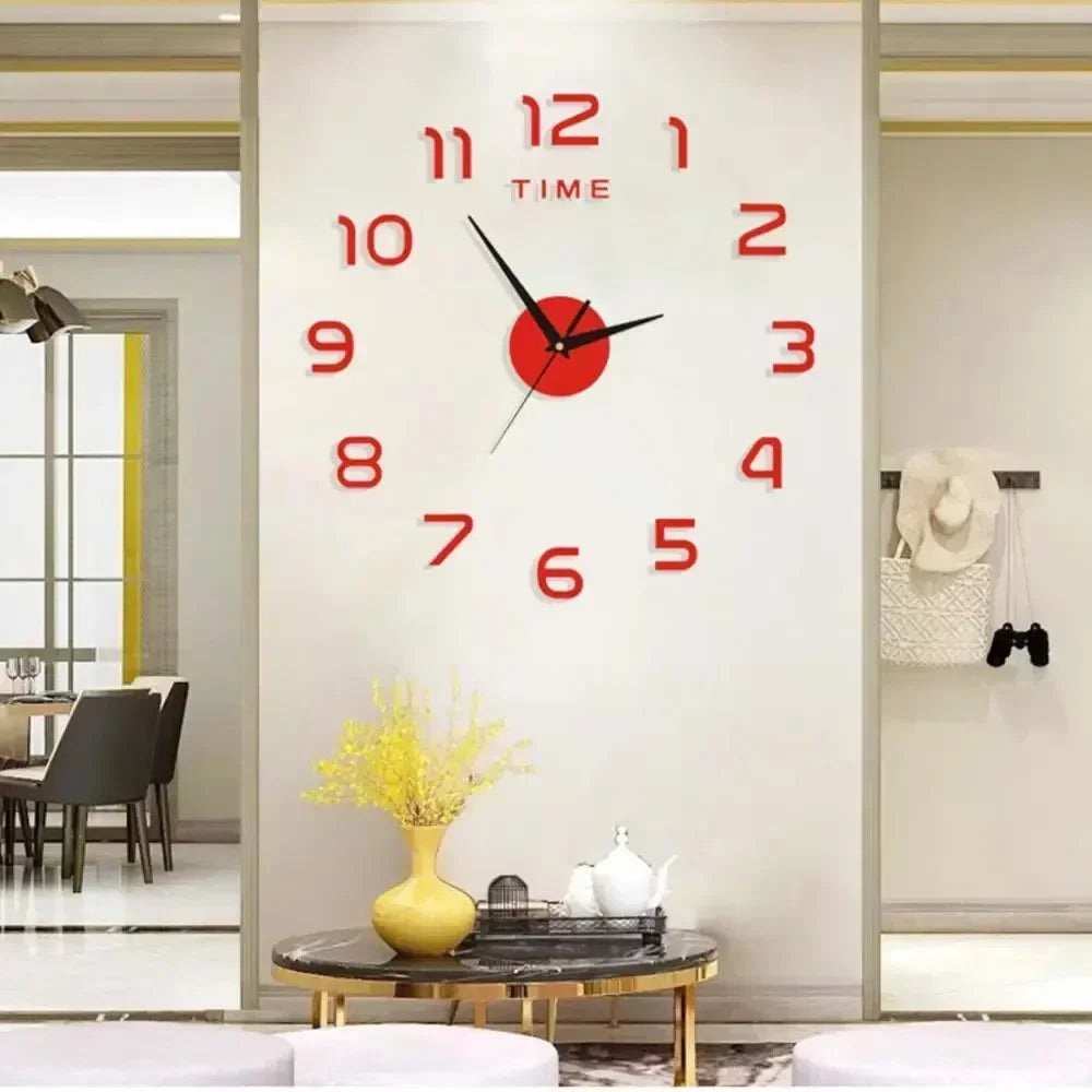 frameless wall clock with red acrylic numbers in an open, neutral room