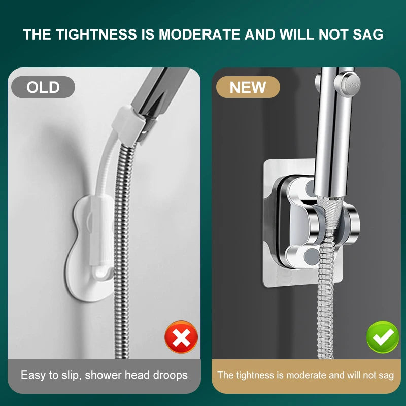 Side-by-side comparison of old and new shower head holders—old style sagging and new style holding handheld shower upright