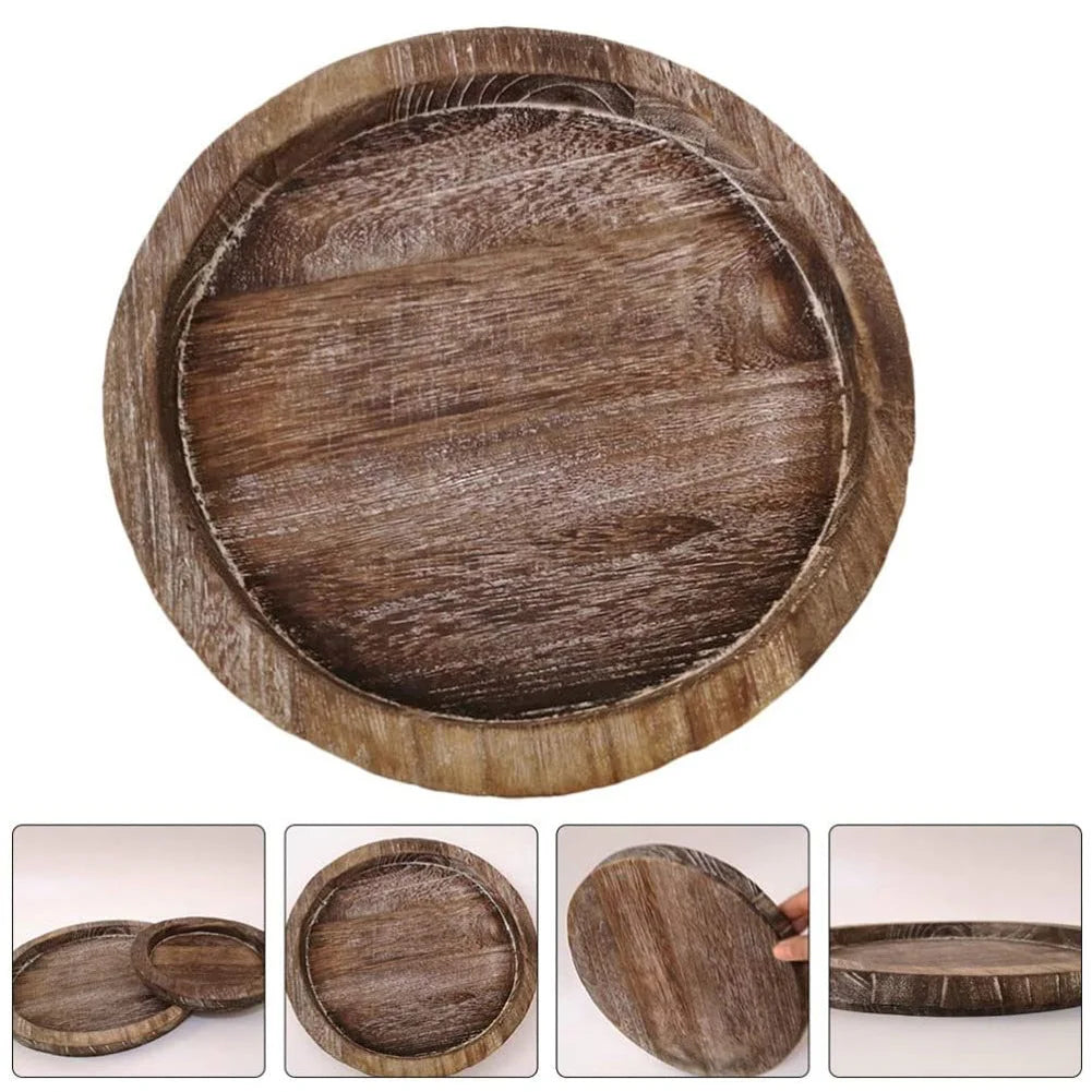 Empty circular wooden tray with visible wood grain displayed with close-up insets