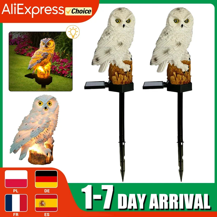 Packaging example showing two white and one brown owl solar garden stake lights