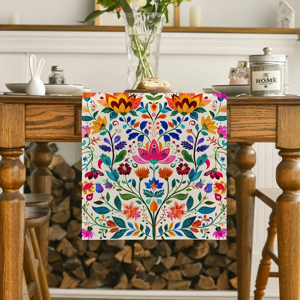 Colorful floral table runner on kitchen table in a cozy dining room setting