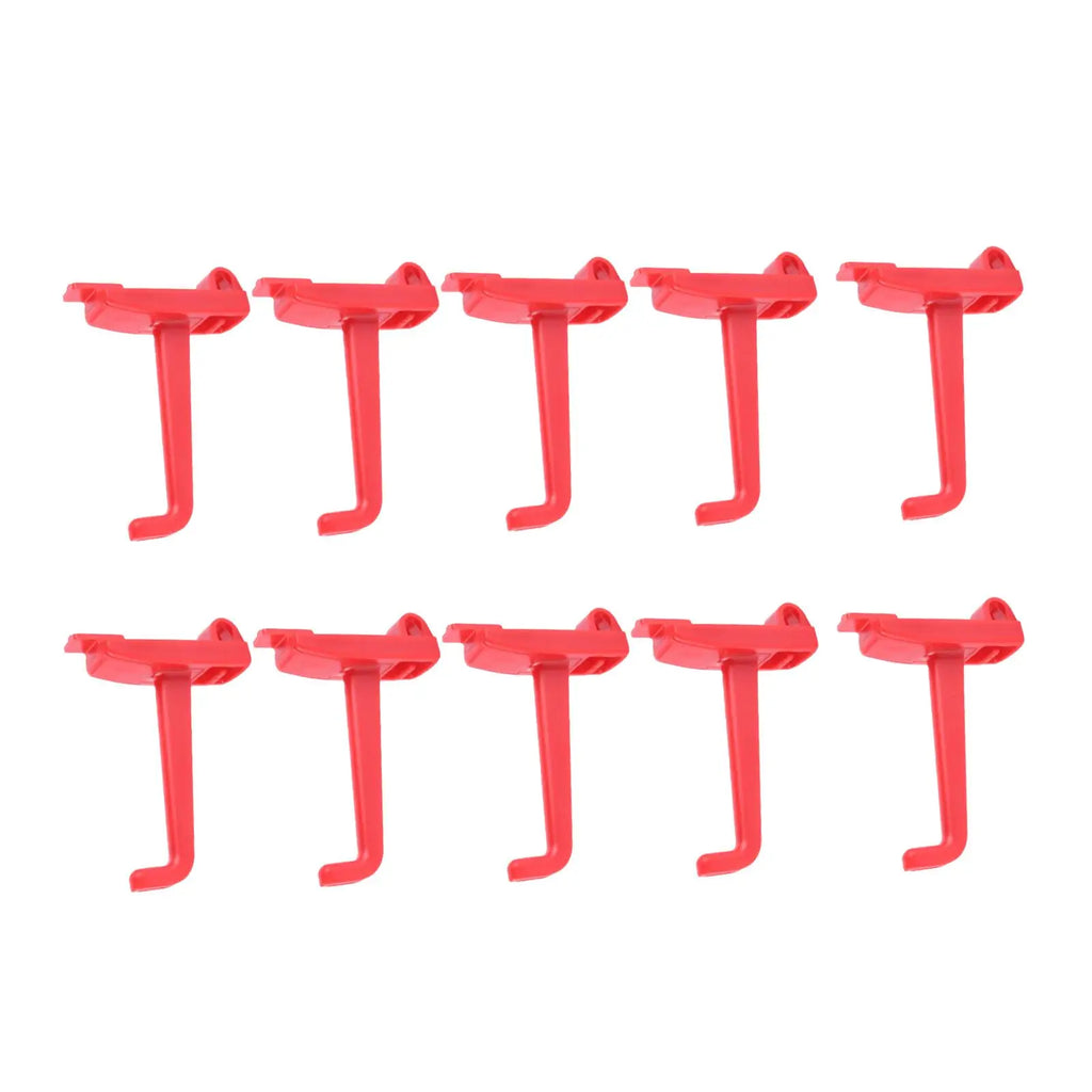Front-facing view of ten red pegboard hooks for utility wall storage