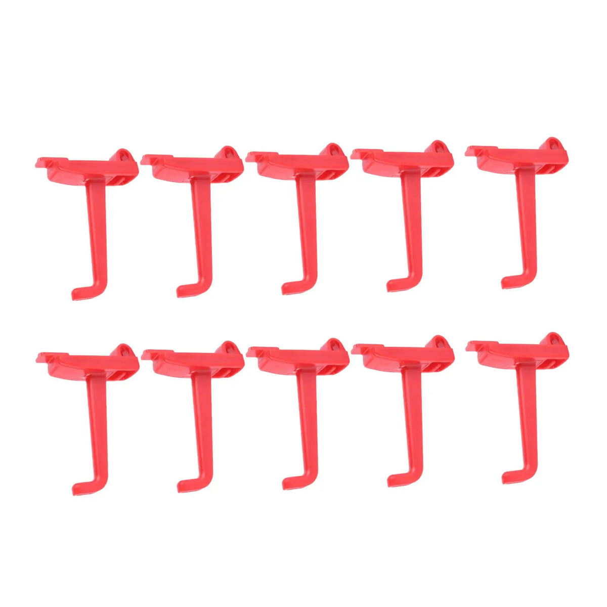 Front-facing view of ten red pegboard hooks for utility wall storage