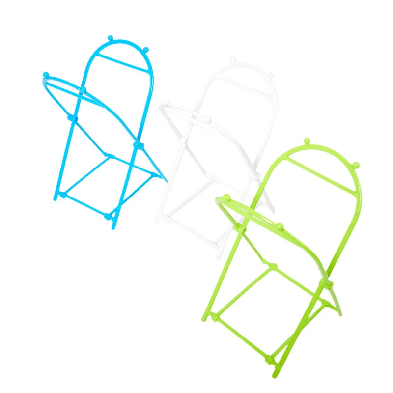 Set of three foldable trash bag holder stands in blue, white, and green