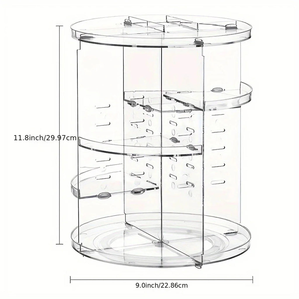 empty clear plastic rotating organizer with visible adjustable shelves and size dimensions