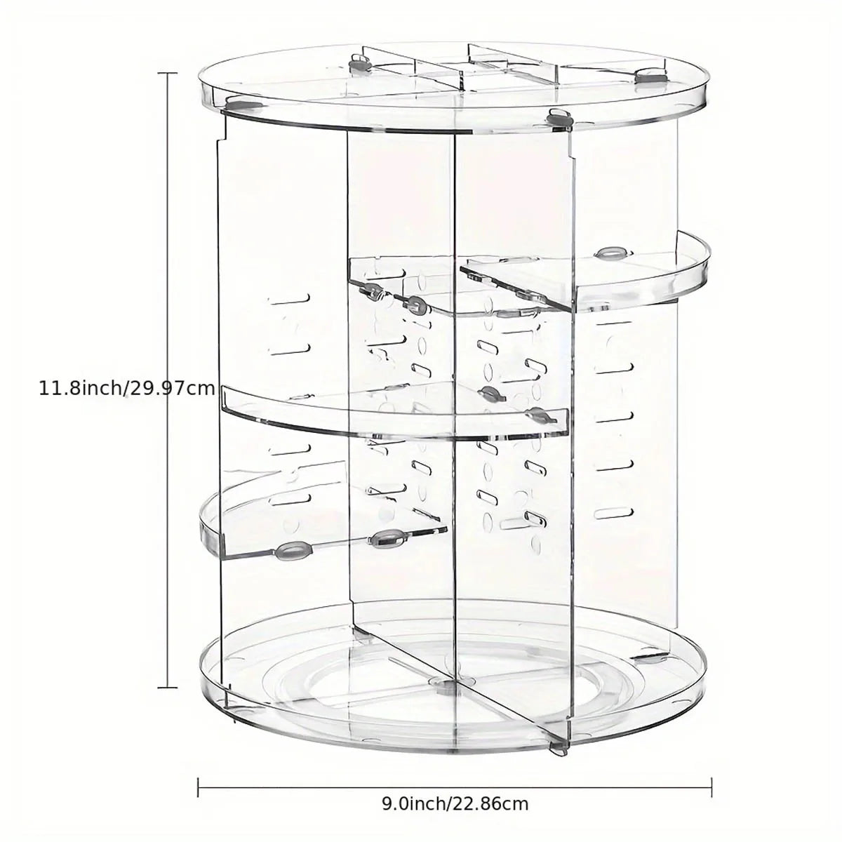 empty clear plastic rotating organizer with visible adjustable shelves and size dimensions