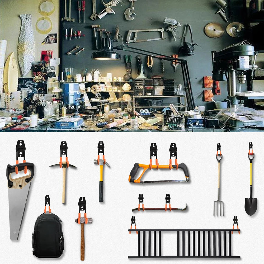 Wall-mounted metal hooks organizing workshop tools, saws, hammers, and ladder